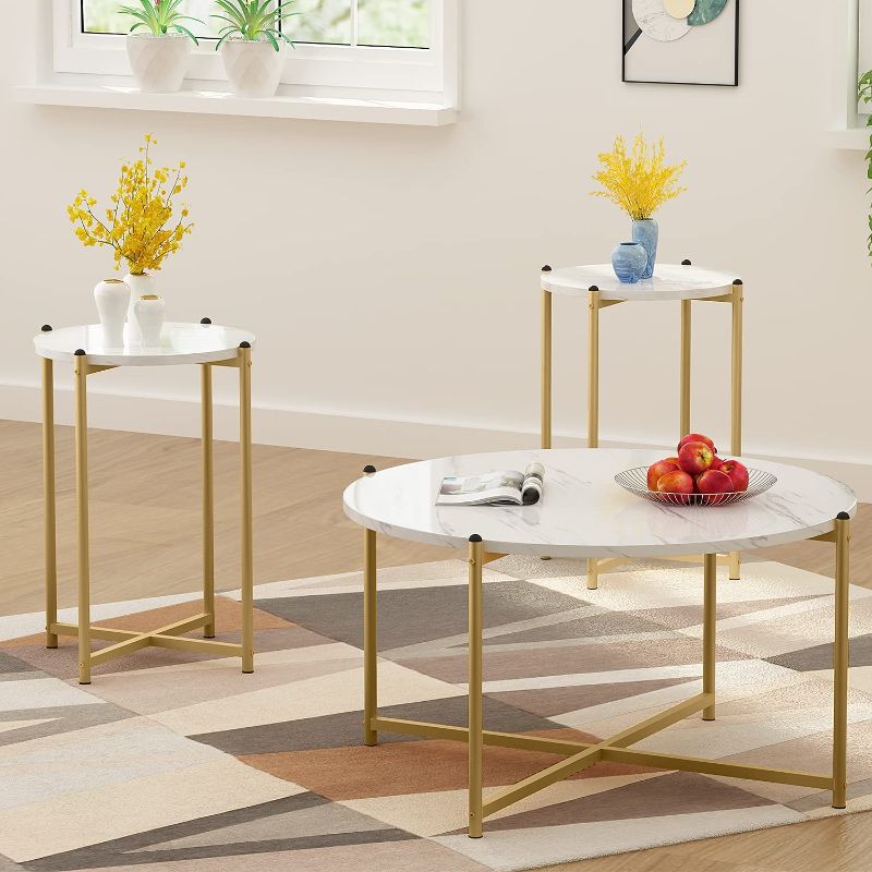 Photo 1 of DKLGG Coffee Table Set of 3, Modern Round Coffee Table & 2pcs End Table Faux Marble Tabletop with Gold Cross Base Frame, Modern Living Room Table Sets for Apartment, Small Space (Gold)
