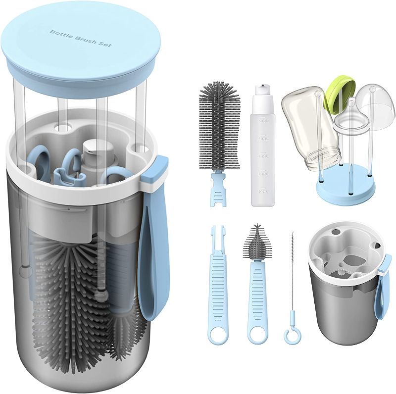 Photo 1 of TechoEcho Travel Baby Bottle Brush Set with Extendable Liquid Silicone Bottle Brush?Nipple Brush?Built-in Bottle Drying Rack?Straw Cleaner Brush?Baby Bottle Soap Dispenser?Bottle Warmer 
