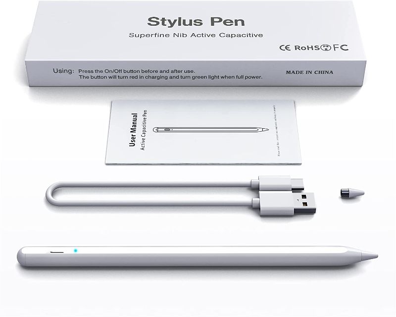 Photo 1 of Stylus Pen, Active Stylus Pen Compatible for iOS and Android Touchscreens, Rechargeable Stylus Pen with Dual Touch Screen , Stylus Pencil for Apple/Android/Samsung Tablet, 16.5CM,White

