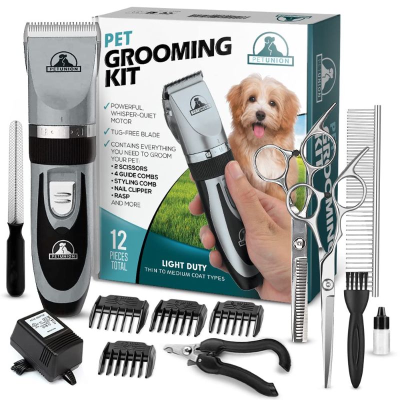 Photo 1 of Pet Union Professional Dog Grooming Kit, Rechargeable, Cordless, Low Noise Dog Clippers for Grooming Thick Coats - Clippers, Nail Trimmer, Complete Grooming Set for Dogs, Cats and Other Pets (Chrome)
