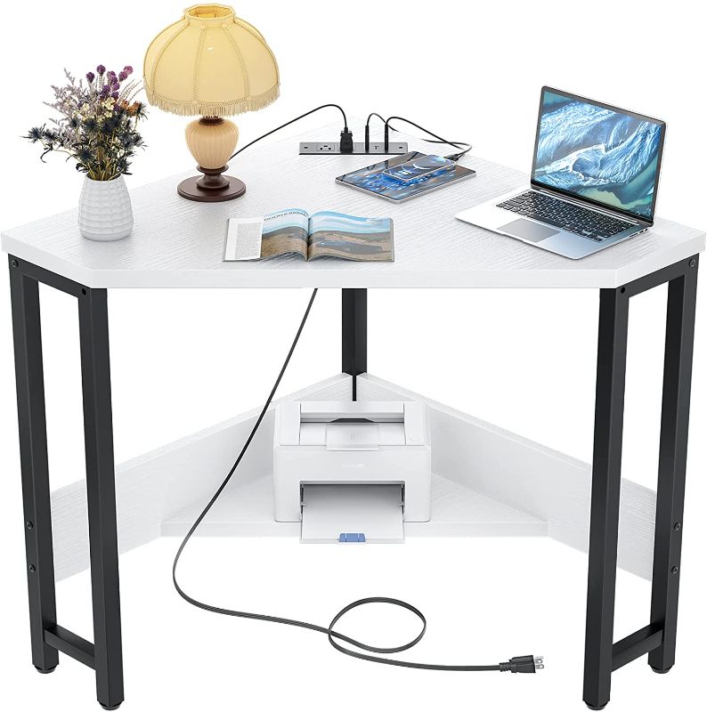 Photo 1 of Armocity Corner Desk Small Desk with Outlets Corner Table for Small Space, Corner Computer Desk with USB Ports Triangle Desk with Storage for Home Office, Workstation, Living Room, Bedroom, White
