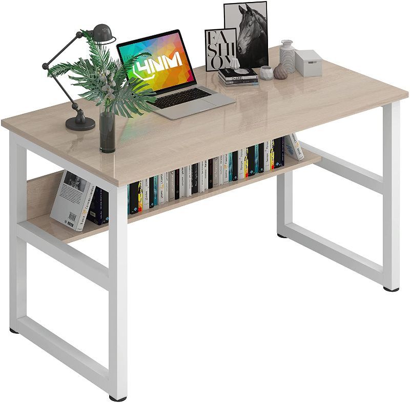 Photo 1 of 4NM Computer Desk with  Bookshelf, 47.24 inches Home Office Desk Writing Workstation Study Table Multipurpose Space-Saving Desk - Natural and White
