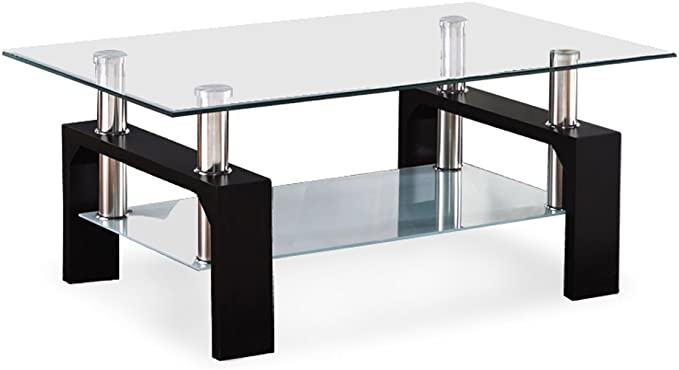 Photo 1 of Mecor Rectangle Glass Coffee Table-Modern Side Coffee Table with Lower Shelf Black Wooden Legs-Suit for Living Room