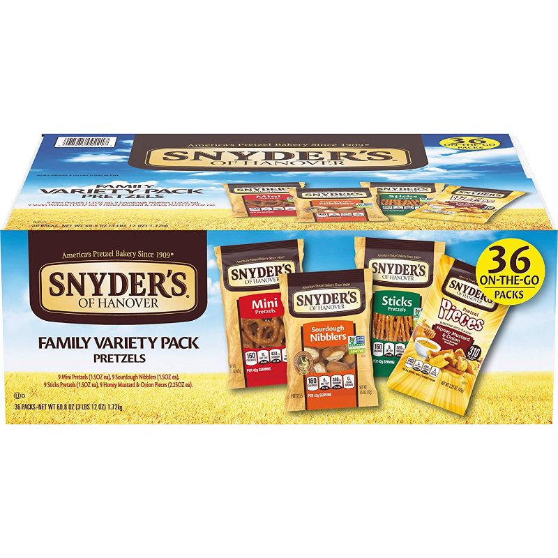 Photo 1 of Snyder's of Hanover Pretzels Variety Pack, 4 Flavors, 36 Individual Snack Bags BB 01 29 2022
