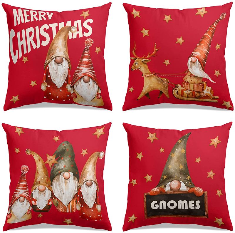 Photo 1 of Christmas Pillow Covers 18x18 Inches, Gnome Throw Pillow Covers for Farmhouse Christmas Decor, Decorative Pillow Covers for Sofa Couch Bed Living Room Xmas Decorations, Set of 4
