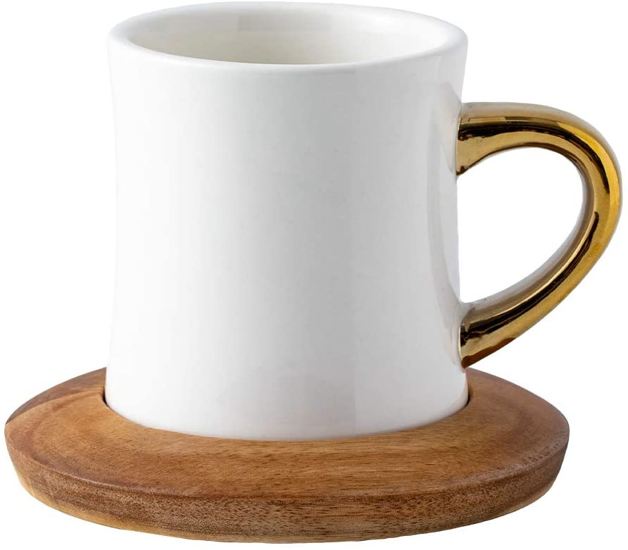Photo 1 of Coffeezone Gold Handle 12 oz Coffee/Tea Cup with Wood Saucer Luxury Thick Body Ceramic Mug for Americano (Glossy White)
