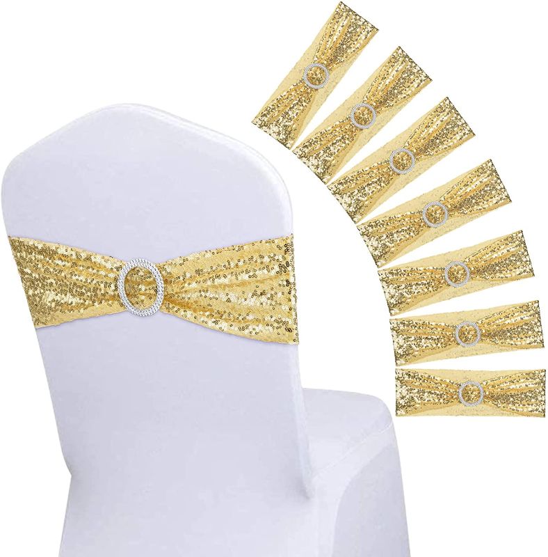 Photo 2 of 80 Pieces Chair Sashes Elastic Stretch One-Sided Sequin Spandex Chair Bows Bands with Buckle for Wedding Hotel Banquet Birthday Party Home Chair Cover Decorations (Gold)