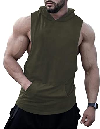 Photo 1 of -SIZE SMALL- URRU Men's Hooded Tank Tops Workout Sleeveless Muscle Shirt with Kanga Pocket (GREEN)