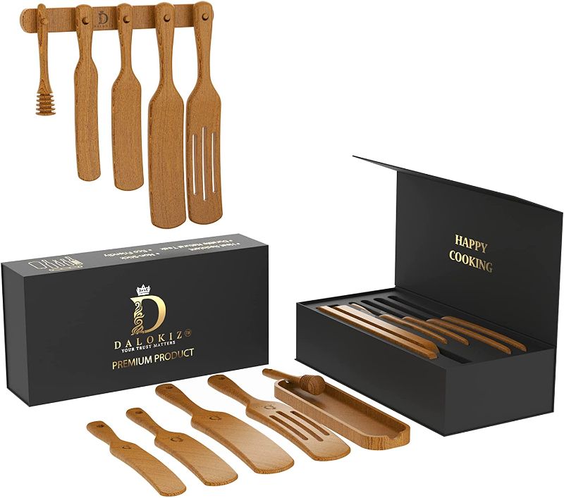 Photo 1 of DALOKIZ Teak Wood Spurtle Set Kitchen Tools as Seen on TV | Wooden Cooking Tools with Wood Slotted Spoon Spatual Spurtle Set Having 1” Extra Long Handle | All in Premium Gift Box
