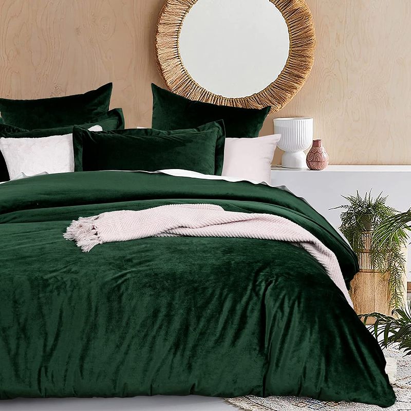 Photo 1 of David's Home Velvet Duvet Cover Set King Size-Flannel Comforter Cover with Corner Ties Button Closure-3 Pieces Luxury Bedding Set-106x92 Inches-Emerald Green
