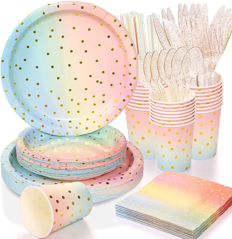Photo 1 of 200 Pcs Pastel Party Supplies,Golden Dot Disposable Paper Plates Set,25 Dinner Plates,Dessert Plates Cups Napkins,Straws,cutlery,forks,spoons,Dinnerware for Birthday Baby Shower Wedding Rainbow Party…
