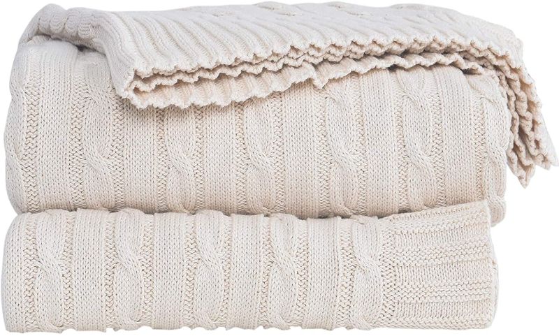 Photo 1 of Cable Knit Throw Blanket for Couch Chair Beach Sofa, Soft Warm Home Decorative Lightweight Blanket, Beige 51 x 70 Inch
