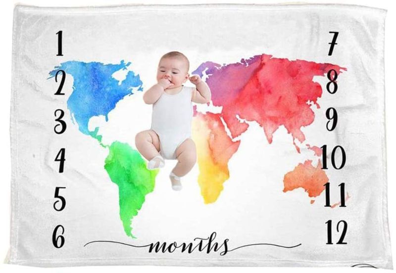 Photo 1 of Baby Monthly Milestone Blanket Newborn World Map Photo Props Shoots Backdrop Personalized Photography Growing Infants Toddlers Age Swaddle Blanket Includes Headband Frame
