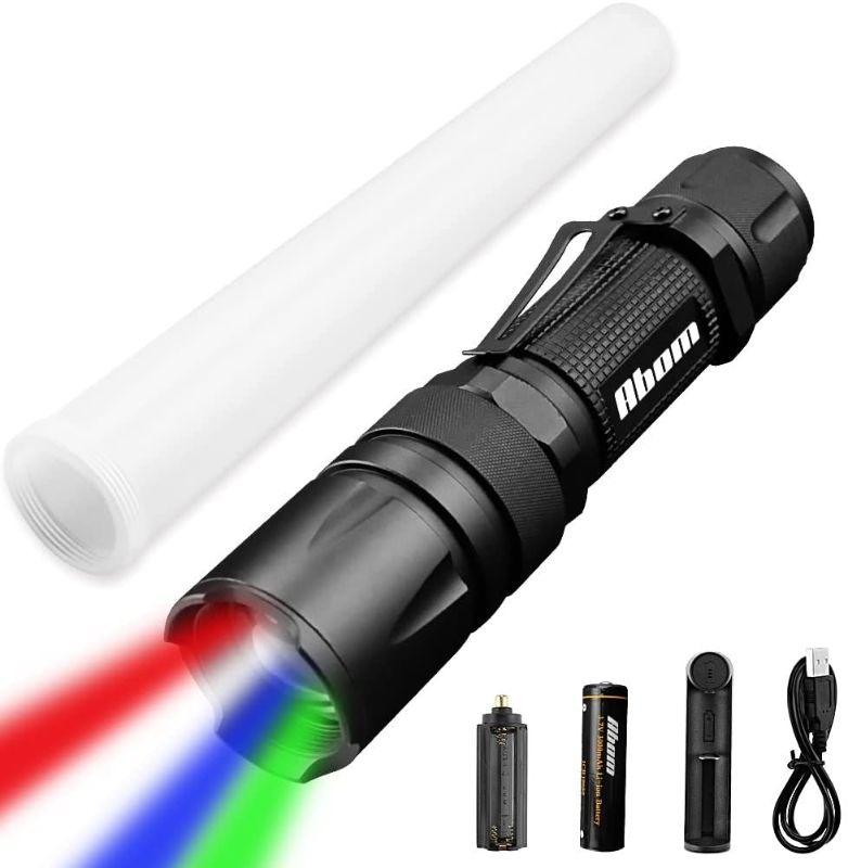 Photo 1 of Abom 5 in 1 Multicolor Tactical Flashlight Kit, White Red Green Blue Led Light Torch Waterproof for Hunting, Fishing, Traffic Control, Include Rechargeable Battery, Charger, Extra Traffic Signal Wand
