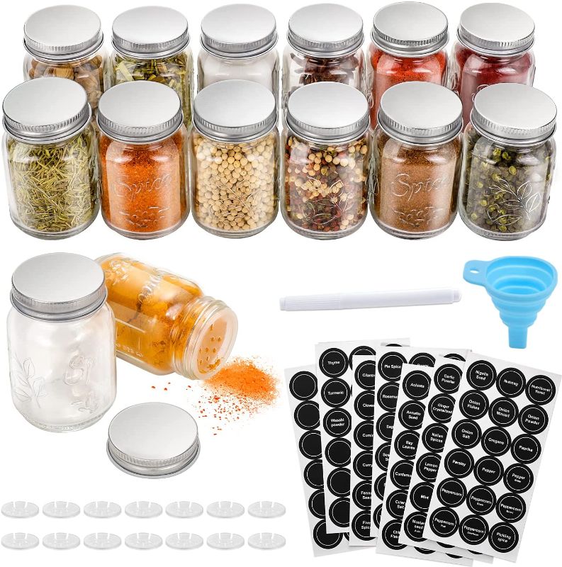 Photo 1 of 14 Pcs Glass Mason Spice Jars with Spice Labels - 4oz Empty Spice Bottles - Shaker Lids and Airtight Metal Caps - Chalk Marker and Collapsible Funnel Included- For Herbs & Spices, Jelly, DIY & Crafts
