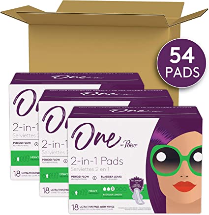 Photo 1 of One by Poise Feminine Pads with Wings (2-in-1 Period & Bladder Leakage Pad for Women), Heavy Absorbency, 54 Count (3 Packs of 18)
