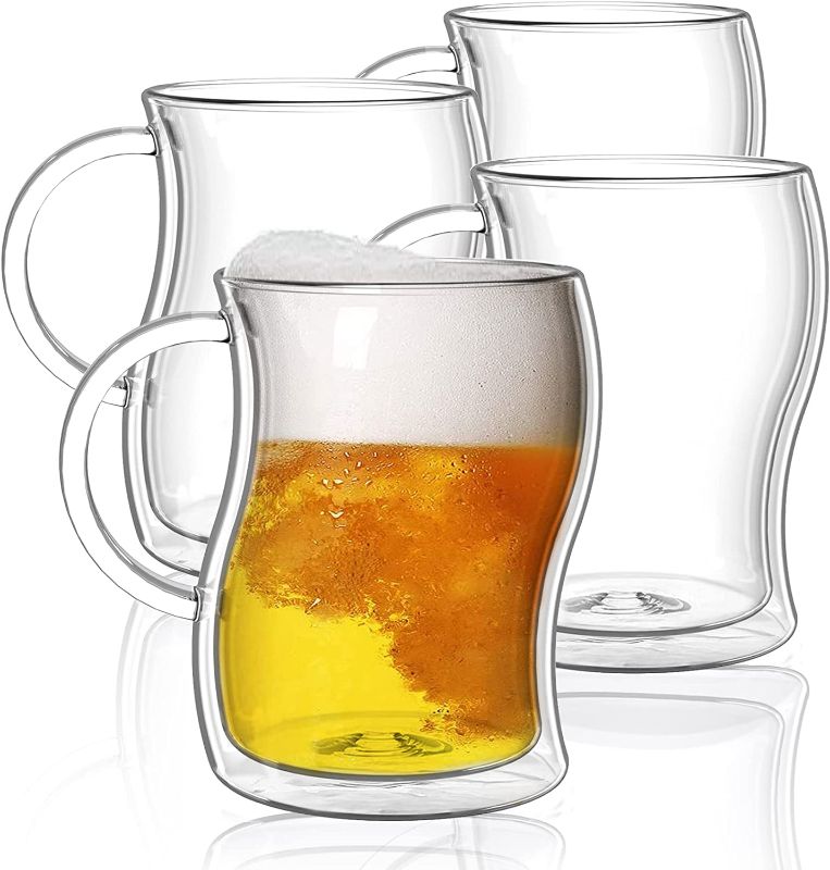 Photo 1 of BTaT- Double Walled Glass Beer Mugs, 4 Pack, 16 oz(500 ml), Beer Mugs, Beer Mugs for Freezer, Beer Stein Mugs, Beer Glasses, Beer Mug Glass, Glass Beer Mug, Beer Mugs with Handles