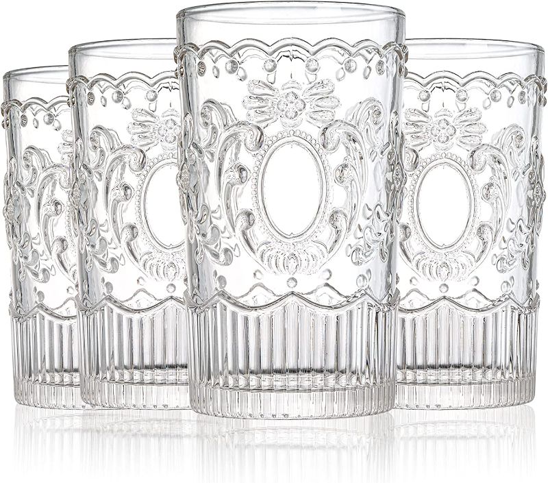 Photo 1 of Lyellfe Set of 4 Vintage Drinking Glasses, 14 Oz Romantic Water Glassware, Premium Clear Glass Tumblers for Hot and Cold Drinks, Beer, Wine, Beverages, Lead-free, Dishwasher Safe