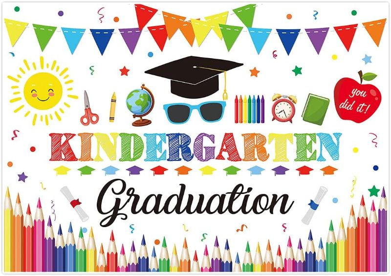 Photo 1 of Allenjoy 82" x 59" Kindergarten Graduation Backdrop for Kids Photography Preschool School Prom Party Supplies Decoration Banner Class of 2022 Congrats Grad Congratulations Background Photo Booth Props