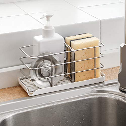 Photo 1 of 304 Stainless Steel Sponge Holder, Multifunctional Kitchen Sink Organizer Sink Caddy Sink Tray Drainer Rack Brush Soap Holder | Hanging Adjustable Panel | Adhesive Hooks | Auto Overflow (White)