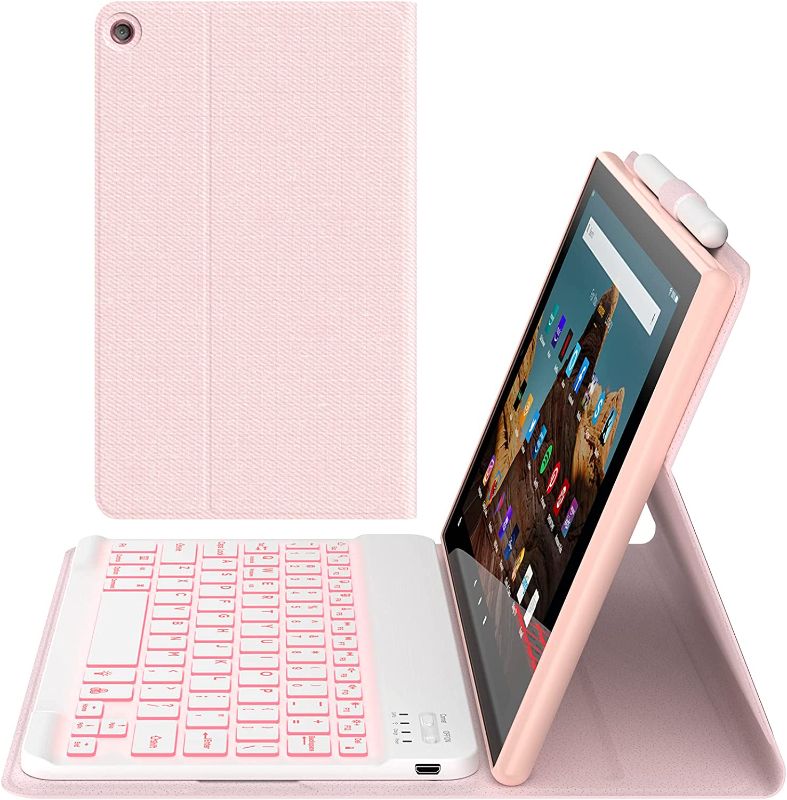 Photo 1 of Fire HD 10 Keyboard Case for Fire HD 10 (9th/7th Generation) 2019/2017 10.1 inch, Slim Protective Cover, 7 Colors Backlight, Detachable Keyboard with Pen Holder for Prestige Elite 10QS (Pink)