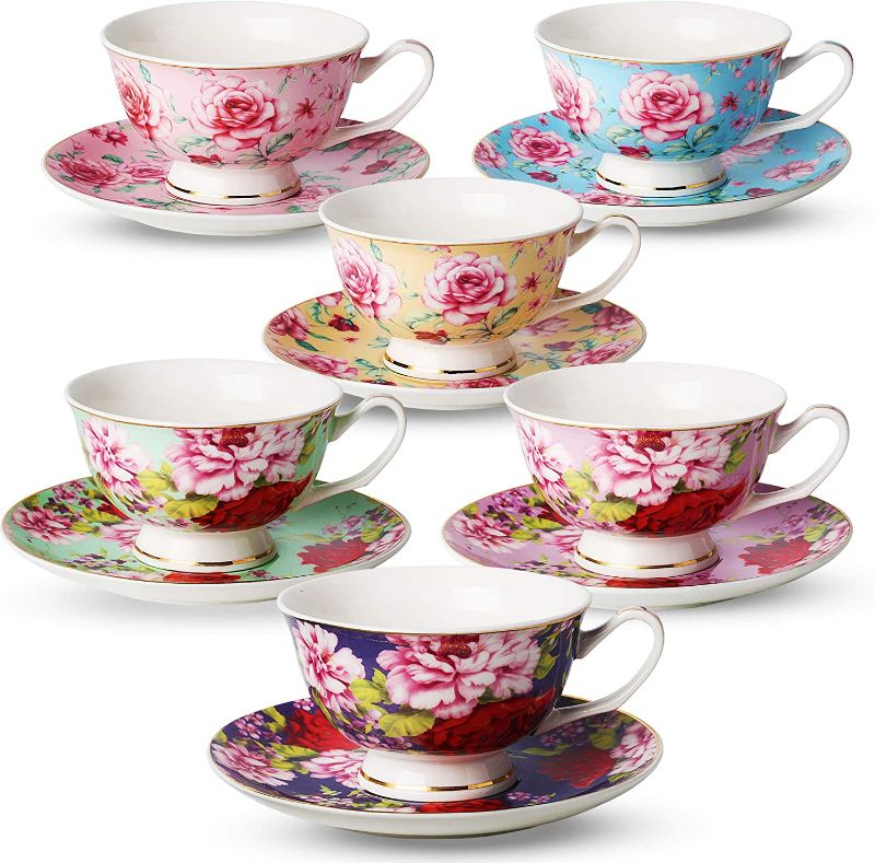 Photo 1 of BTaT- Tea Cups, Tea Cups and Saucers Set of 6, Tea Set, Floral Tea Cups (8oz), Tea Cups and Saucers Set, Tea Set, Porcelain Tea Cups, Tea Cups for Tea Party, Rose Teacups, China Tea Cups (Bone China)