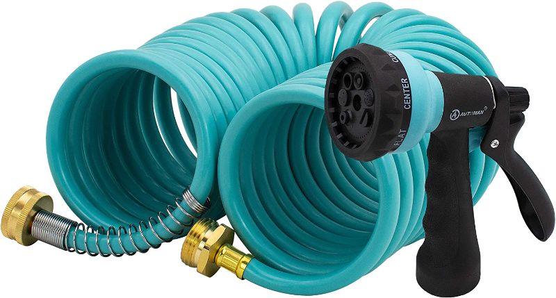 Photo 1 of AUTOMAN EVA Recoil Garden Hose 25ft - Includes 7 Pattern Spray Nozzle,Curly Water Hose 25 Foot,Watering Hose Coil,Retractable,Corrosion Resistant Garden Coil Hose.