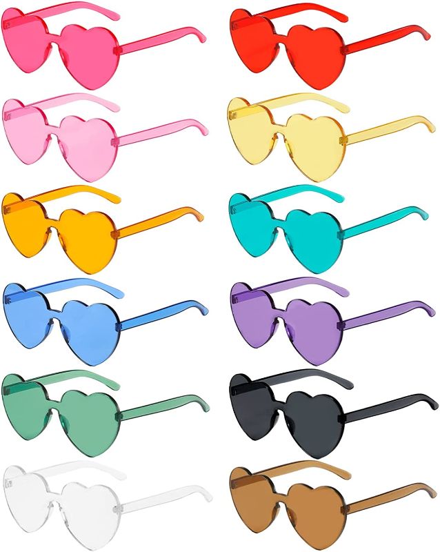Photo 1 of 12 Pairs Heart Sunglasses for Women, Trendy Rimless Transparent Candy Color Heart Glasses for Party Favor