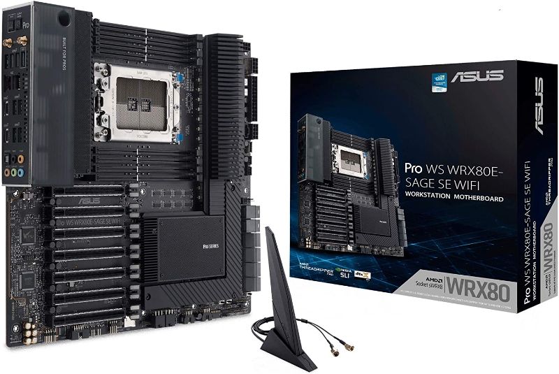 Photo 1 of ASUS Pro WS WRX80E-SAGE SE WIFI AMD Threadripper Pro EATX workstation motherboard (PCIe 4.0, ASMB9-iKVM, 2x10Gb LAN, 7xPCIe 4.0 X16 slots, 3xM.2,2xU.2 ports, 11 USB 3.2 Gen 2 ports,8-channel DDR4 ECC)