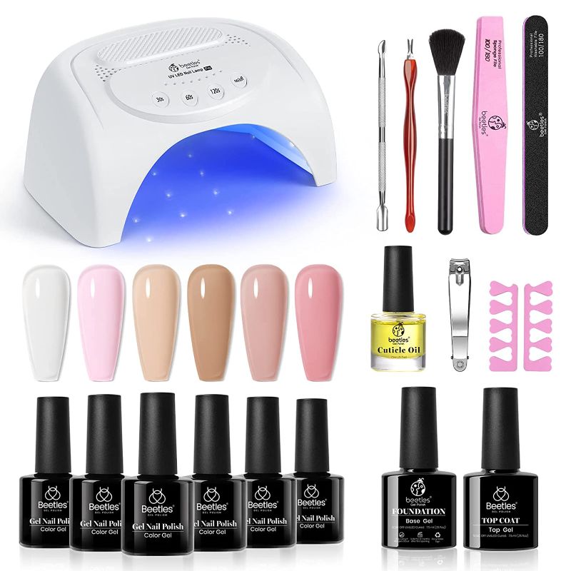 Photo 1 of Beetles Gel Nail Polish Kit with U V LED Light 48W?6 Colors Jelly Milky White Sheer Pink Nude Gel Polish Starter Kit Manicure, Soak off U V Gel Nail Polish Set Salon DIY Home Gel Nail Gift for Women