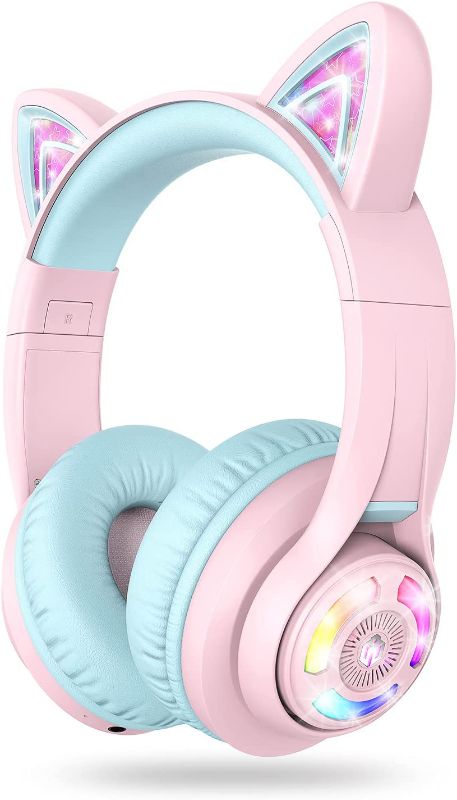 Photo 1 of iClever Cat Ear Bluetooth Headphones RGB LED Light Up Over Ear with Microphone, 74/85/94dB Volume Limiting Comfort Foldable Wireless Headset for PC/Tablet/TV Kids Girls & Boys Teens, BTH13 Pink