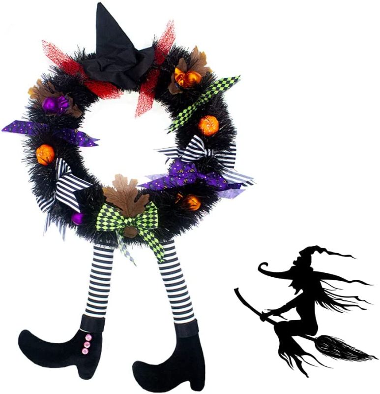 Photo 1 of 28" Halloween Wreath, Halloween Door Wreath with Witch Legs Decorations, Outdoor Halloween Party Decoration, Halloween Ornament Pendants (Small - 15"*28")