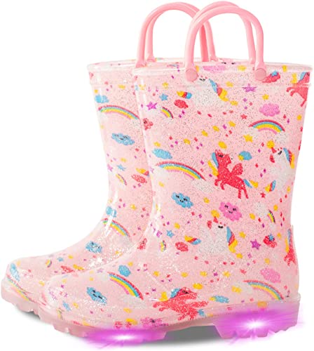 Photo 1 of Boys and Girls Toddler-Kids Rain Boots Light up Waterproof Boots Glitter Rain Boots with Pull On Handles
