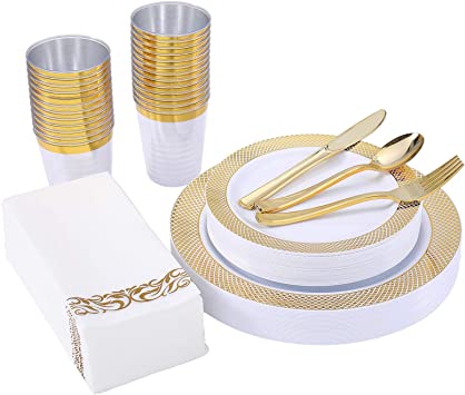 Photo 1 of 175 Piece Gold Dinnerware Set 25 Guest-50 Gold Grid Plastic Plates-25 Gold Plastic Silverware-25 Gold Plastic Cups-25 Linen Like Gold Paper Napkins, FOCUSLINE Disposable Dinnerware Set
