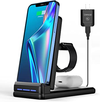 Photo 1 of Charging Station for Multiple Devices Apple, DNTGVUP Foldable 3 in 1 Wireless Charger for iPhone 13 Pro/13/12/12 Pro/11/XS/XR/X/8, Charger Stand Compatible with Apple AirPods Watch S2-S7/SE Black
