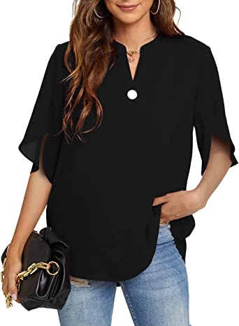 Photo 1 of Funlingo Women's Summer Tops Short Sleeve Casual Shirts V Neck Chiffon Blouse Tops
