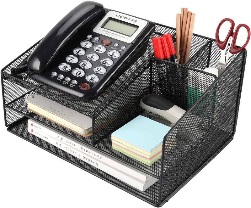 Photo 1 of Superbpag Telephone Stand for Desk Organizer Office Suppies Desktop Organizer with Letter Tray Phone Stand Pen Pencil Holder (Black)