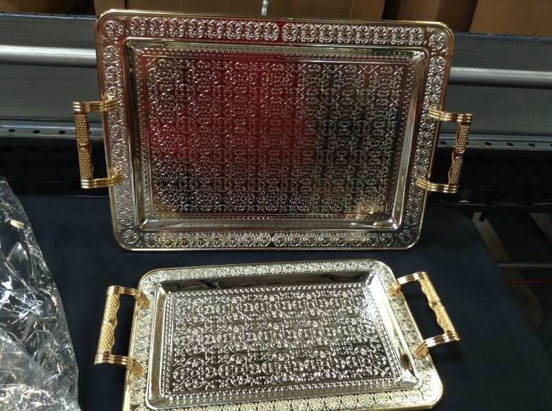Photo 1 of Candymosa Silver Serving Tray with Handles Set of 2 - Stainless Steel Elegance Silver Tray Decorative - Whiskey Tray and Bar Tray - Rectangle Silver Platter for Food or Coffee, Vanity Tray