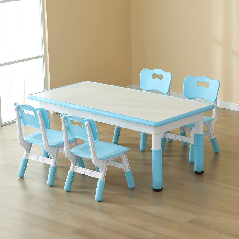 Photo 1 of CuFun Kids Table and 4 Chairs Set, Children Study Table and Dining Table, Toddler Daycare Table and Chairs Set, Height Adjustable Graffiti Table for Ages 2-10, Light Blue