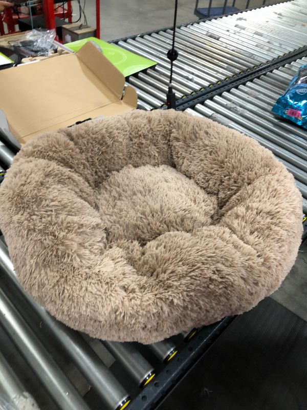 Photo 2 of BODISEINT Faux Fur Dog Bed Cat Bed,Shag Round Anti-Anxiety Pet Calming Bed Doughnut Cuddler for Medium Large Puppy Dog Cat Kennel Cushion Self Warming Bed (32'' D x 8'' H, Coffee)