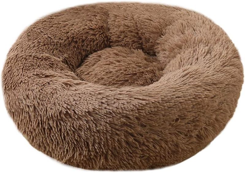 Photo 1 of BODISEINT Faux Fur Dog Bed Cat Bed,Shag Round Anti-Anxiety Pet Calming Bed Doughnut Cuddler for Medium Large Puppy Dog Cat Kennel Cushion Self Warming Bed (32'' D x 8'' H, Coffee)