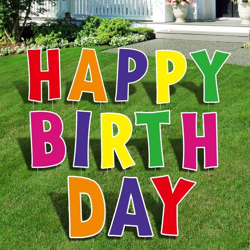 Photo 1 of QPS Happy Birthday Sign for Yard for Kids & Adults - Durable and Weather-Resistant Happy Birthday Yard Signs with Stakes - Birthday Yard Decorations - 30 Total Stakes - 13 Total Signs