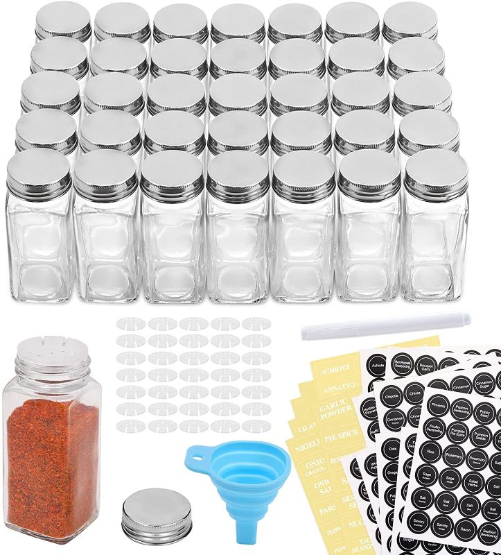 Photo 1 of AOZITA 36 Pcs Glass Spice Jars with Spice Labels - 4oz Empty Square Spice Bottles - Shaker Lids and Airtight Metal Caps - Chalk Marker and Silicone Collapsible Funnel Included