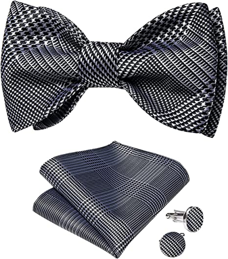 Photo 1 of DiBanGu Mens Silk Self Bow Tie, Jacquard Soild Stripe Plaid Paisley Bowtie Pocket Square Cufflinks for Tuxedo Wedding
