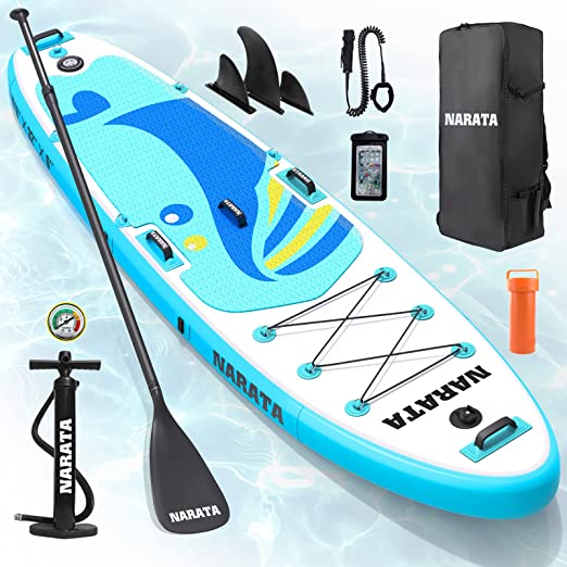 Photo 1 of NARATA Inflatable Stand Up Paddle Board for All Skill Levels with Paddle Holder, Action Mount, 5 Grab Handles, 11 D-Rings, Waterproof Bag, Fins, Paddle, Pump, Leash, Repair Kit, Backpack