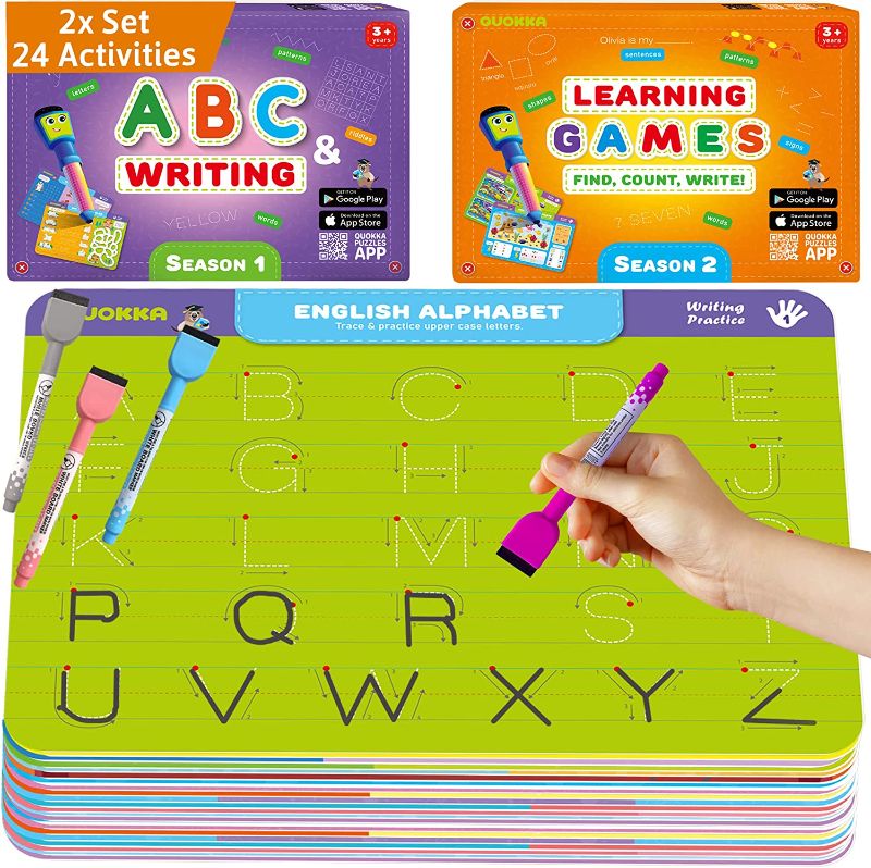 Photo 1 of QUOKKA 2 Sets of Handwriting Practice Busy Book for Kids 4 5 Year Old - 24 Activities on Large Boards & 4 Markers Learn to Write - Montessori ABC Learning for Toddlers Toy 6-8 - Letter Tracing Game