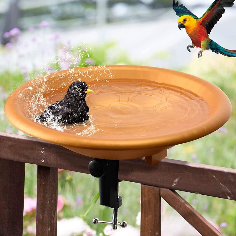 Photo 1 of Alaiselit Bird Bath 12 Inches Deck Mounted Bird Baths Bowl Spa with Sturdy Steel Clamp, Easy to Disassemble and Clean,Suitable for Decks Less Than 2 Inches Thick. (Gold)