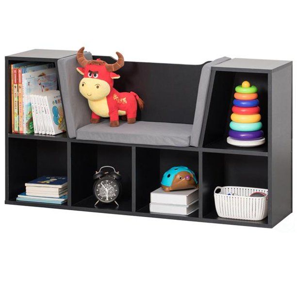 Photo 1 of Basicwise Black Wood 6-Shelf Standard Bookcase with Grey Cushion