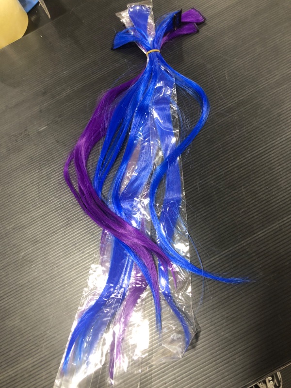 Photo 2 of 11 Pcs Colored Party Highlights Colorful Clip in Hair Extensions 22 inch Straight Synthetic Hairpieces for Women Kids Girls (B Purple + Sapphire Blue)
