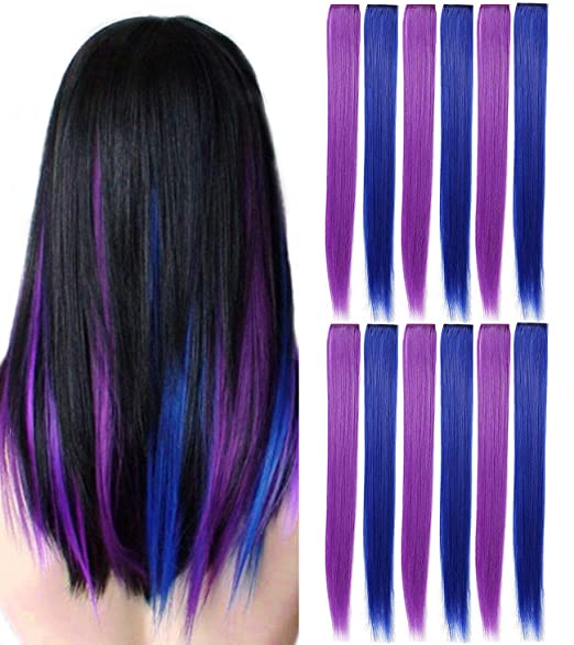 Photo 1 of 11 Pcs Colored Party Highlights Colorful Clip in Hair Extensions 22 inch Straight Synthetic Hairpieces for Women Kids Girls (B Purple + Sapphire Blue)
